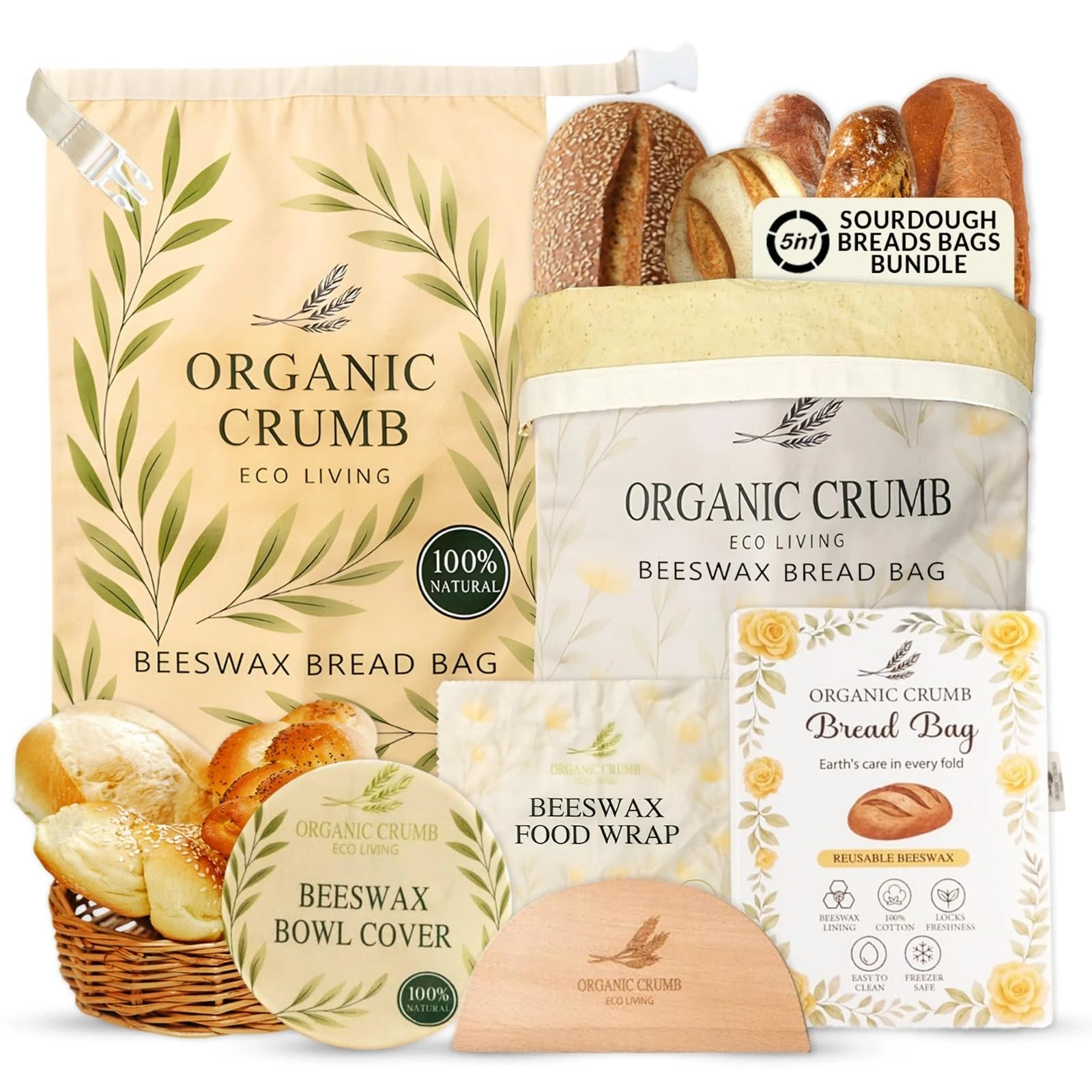 Reusable Bread Bags for Homemade Bread (5 in 1) – 2 XL Cotton Beeswax Bags, R...