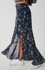 NWT Free People Femme Edge Ink Floral Sheer Flowy WRAP Side Tie Maxi Skirt Sz 4