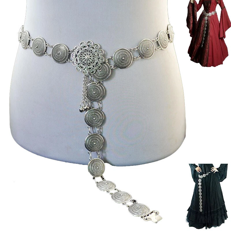 Cinturón de cadena de metal medieval para mujer renacentista plateado decorativo cinturón de baile Foto 2 de 4