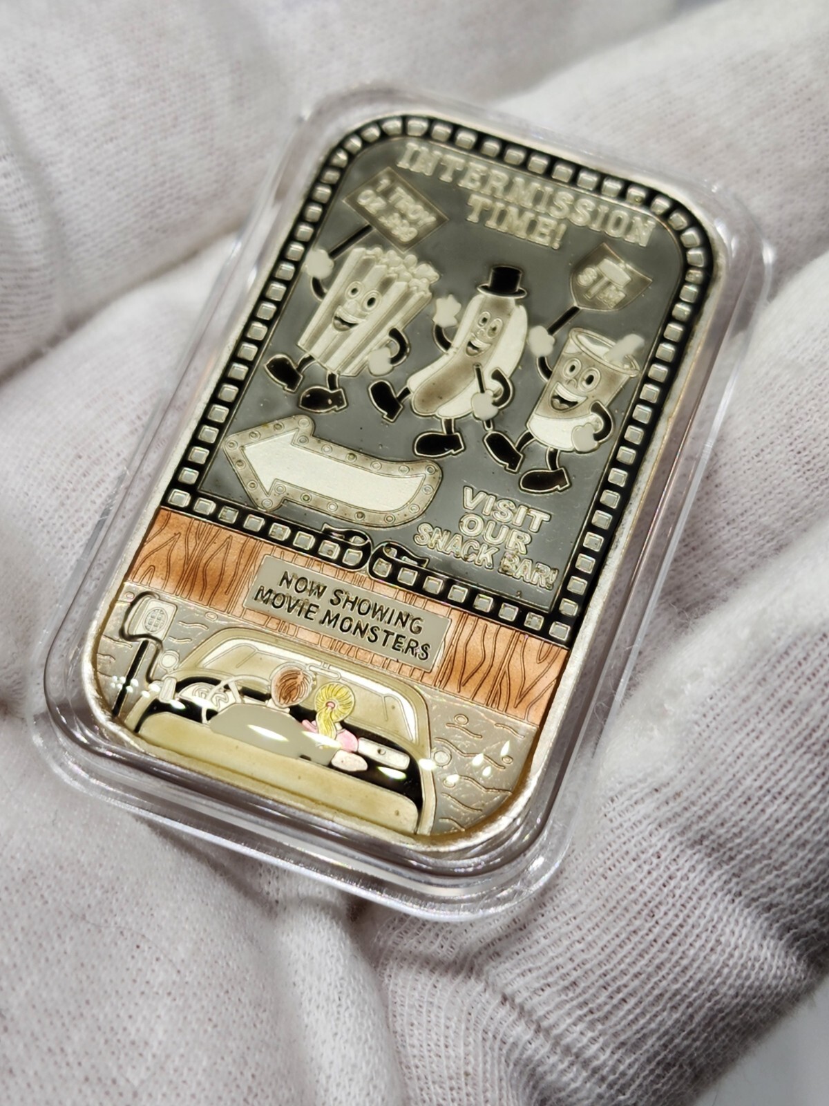 Drive in Theatre Movie Monsters Squire's Mint B&W Enameled Silver Art