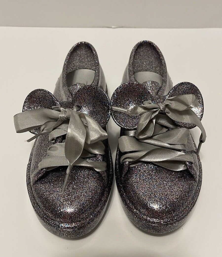 Mel by Melissa Minnie Mouse Glitter Lace Up Jelly Shoes Girl’s Size Silver