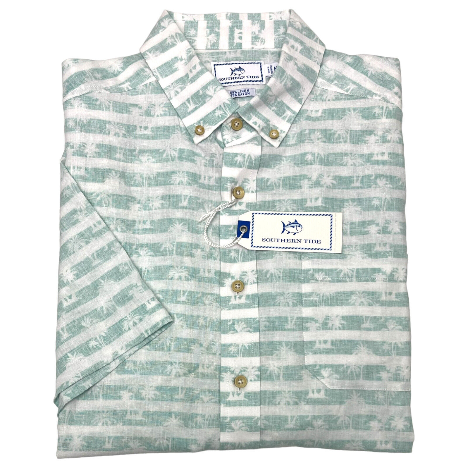 Южная мужская рубашка с коротким рукавом в пальмовую полоску Garden Grove Green, Sz Medium