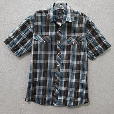 Micros Men Button Up Shirt Small Gray Plaid Pearl Snap Short Sleeve Collar