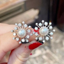 14K White Gold Plated 2.45Ct Round Cut Real Moissanite Flower Stud Earring