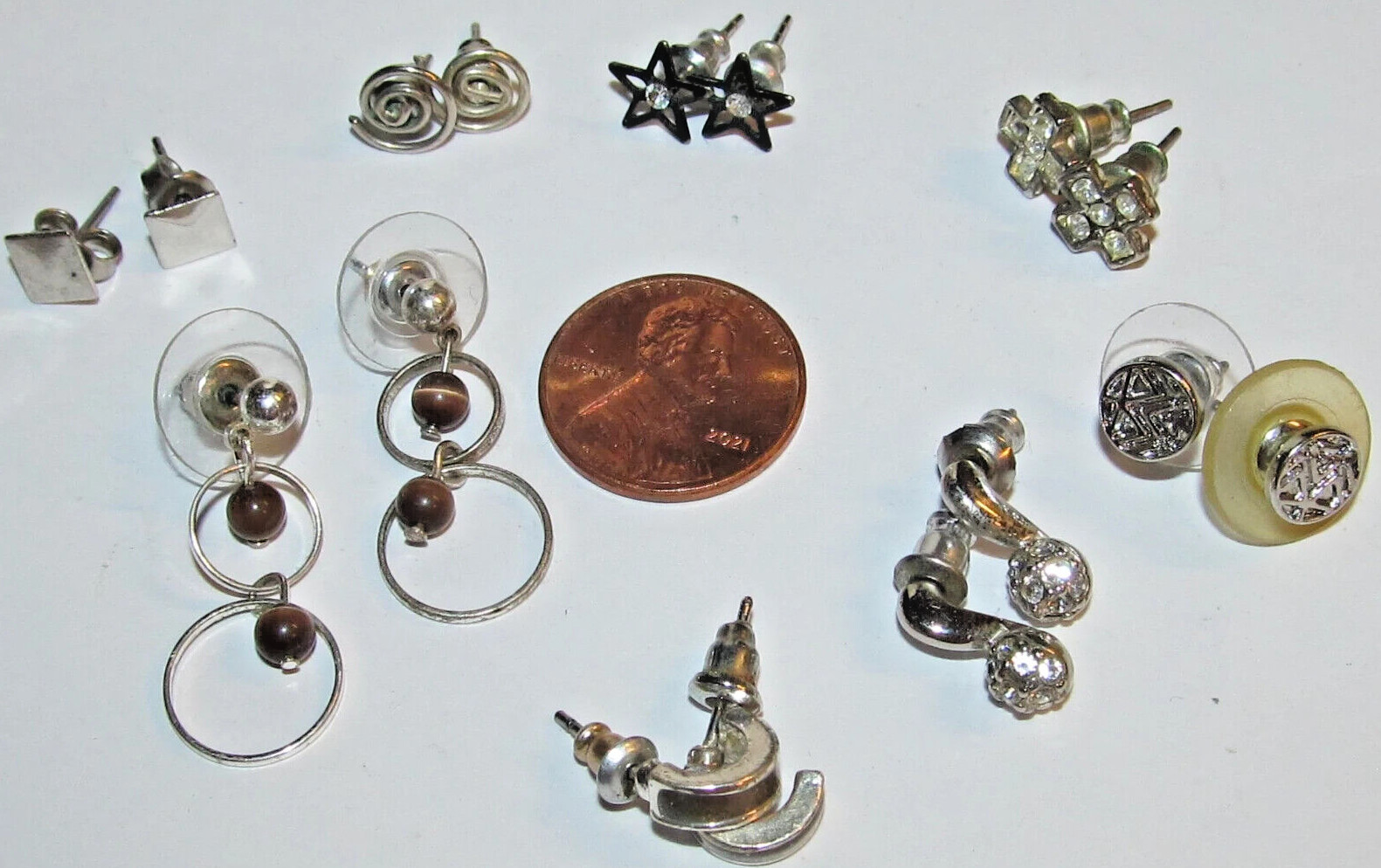 8 Pair Tiny Silver Post/Stud Earrings Hoops Swirl… - image 1