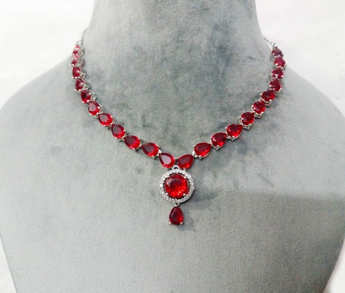 Bollywood CZ Ruby Red Necklace Choker Earring Bridal Wedding Statement Jewellery - Picture 2 of 6