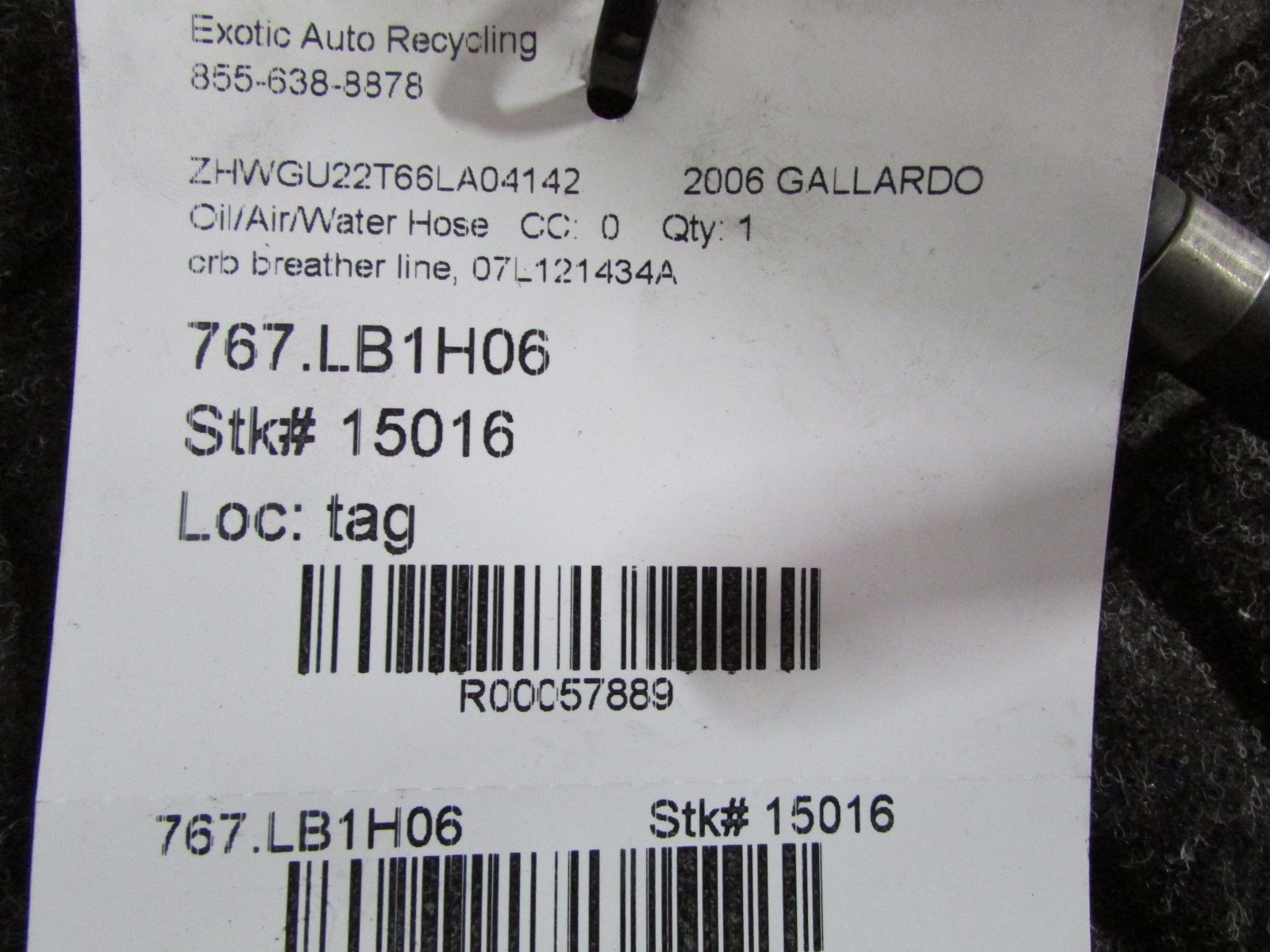 Lamborghini Gallardo Coupe Spyder CRB Breather Hose P/n 07L121434A 