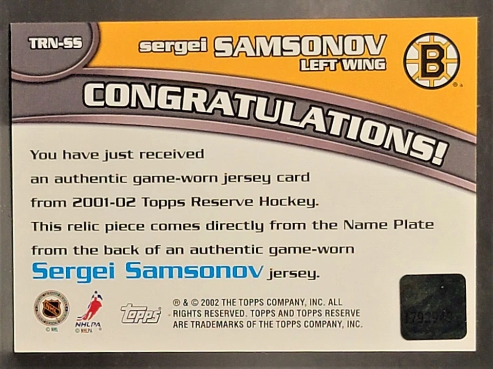 2001-02 Topps Reserve Name Plates #TRN-SS Sergei Samsonov 3 Color Patch - Image 2 of 2