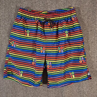2(X)1st Swim Trunks Mens Large Rainbow Striped Love Elastic Waist Pockets Lined