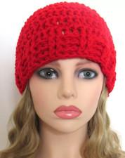 CLASSIC BEANIE HAT CAP TEXTURED EDGE BRIGHT RED HANDMADE CROCHET ACRYLIC