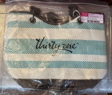 Thirty-One Canvas Crew Mini Turquoise Blue White Stripe Tote Bag Purse Beach