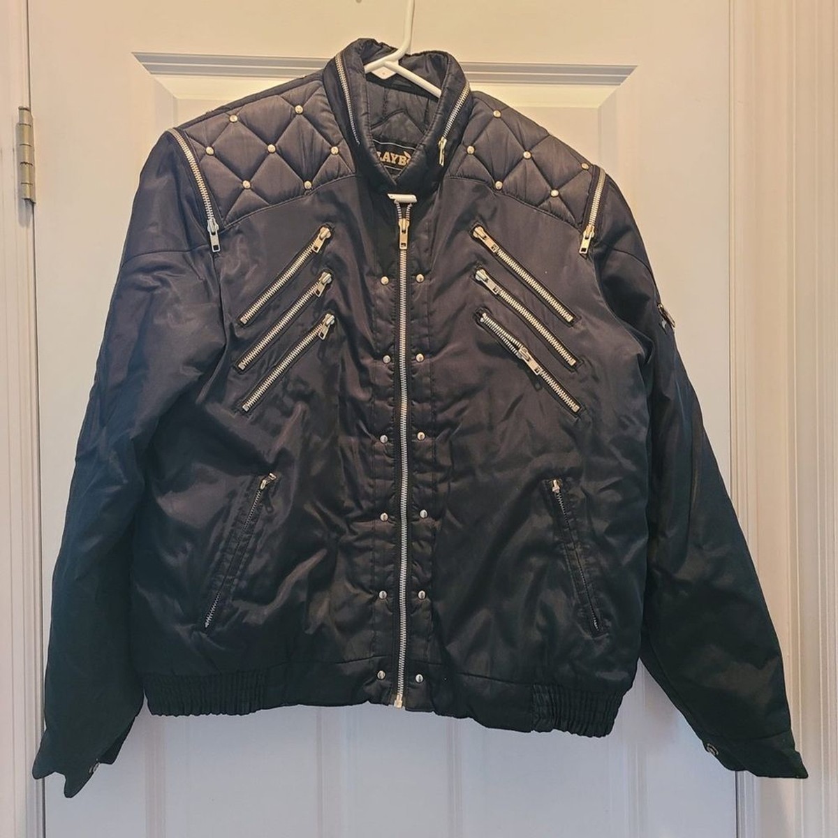 Vintage Y2K Playboy Bomber Jacket M Black Satin Zipper