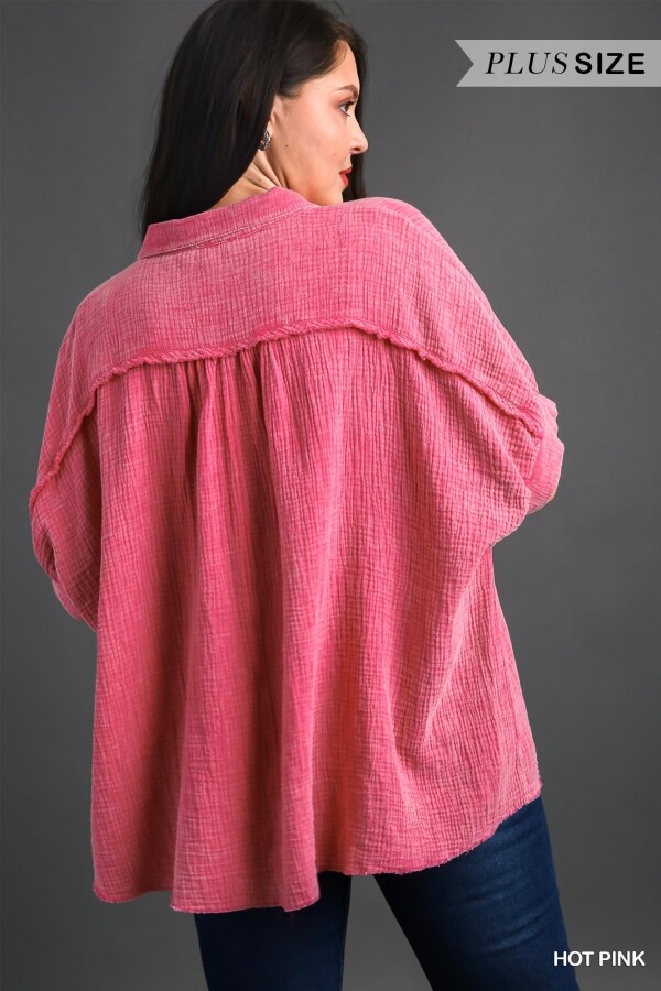 Umgee Plus Hot Pink Cotton Gauze Mineral Wash Button Down Top XL 1XL