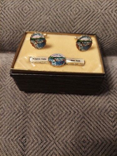 Souvenir Cufflinks Tie Clip Set Niagara Falls Canada vintage Cuff Links Tie Bar - Afbeelding 1 van 5