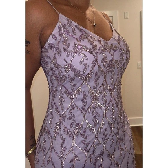 Vestido Adrianna Papell Platino Adornado Cuentas Lavanda Formal Noche Talla 14 Foto 4 de 4