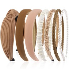 7 Pcs Different Headbands for Fashion Brown Knotted Solid Head Bands Pearl He...