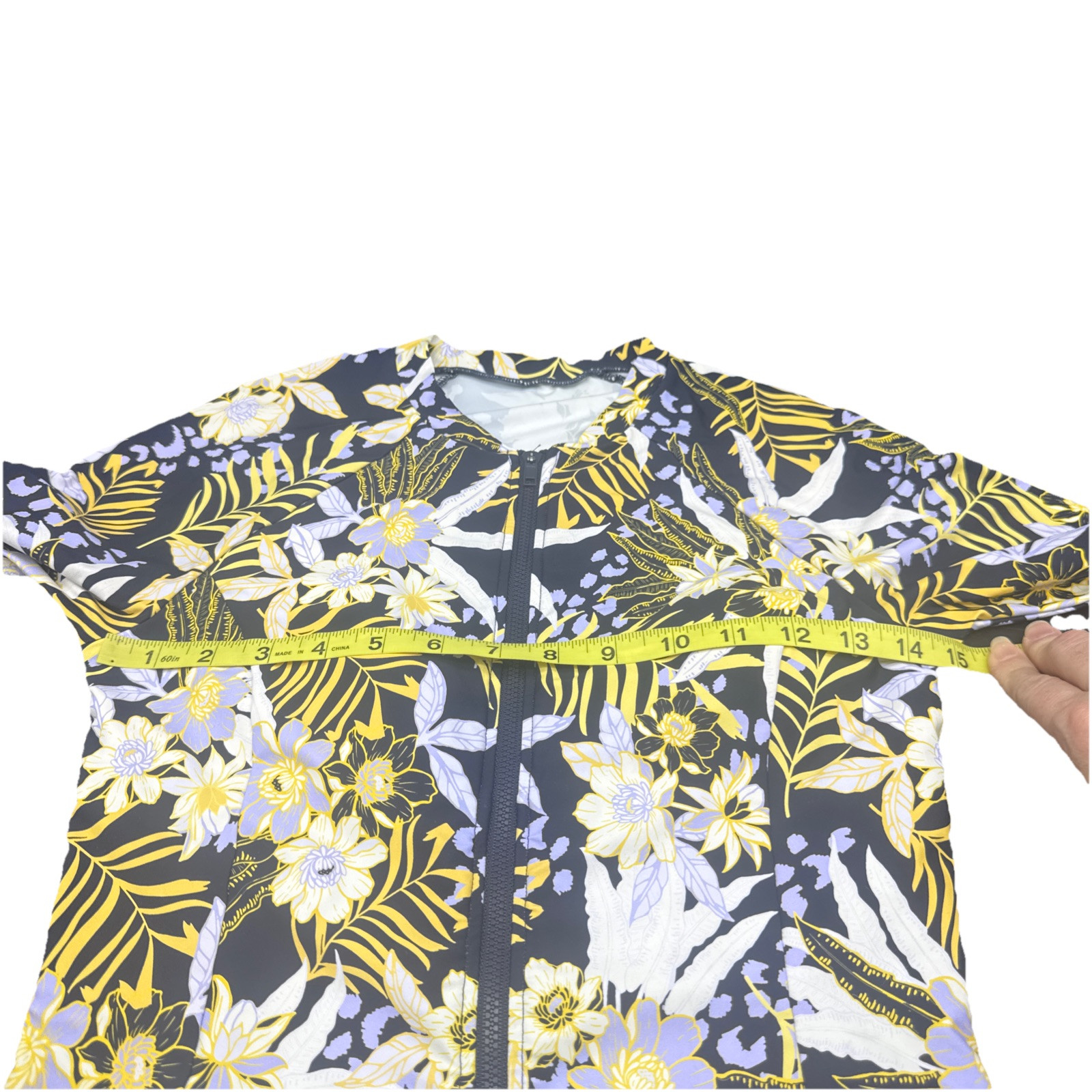 Sunseeker Womens Full Zip Blue Yellow White Long Sleeve Swim Top Sz 4/6 Stretch