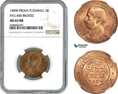 A11-281, Italian Somaliland, Prova (Pattern) 2 Bese 1909 R, Rome Mint NGC MS65RB