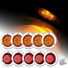10PCS (5x Red & 5x Amber) Chrome 2" Round 4 LED Clearance Side Marker Lights Kit