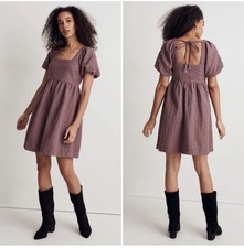 Madewell Floral Quilted Puff-Sleeve Mini Flirty Dress Tie Back Pockets Purple L