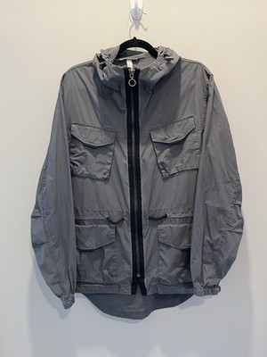 Zara Man Jacket Lightweight Sz M Gray Conch Waist Zipper Snap Button Hood