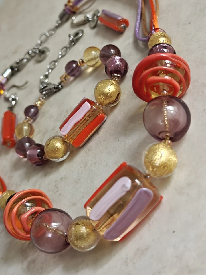 ANTICA MURRINA NECKLACE BRACELET EARRINGS SET MURANO GLASS ORANGE PURPLE - Image 3 of 4