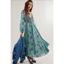 New FREE PEOPLE A New Way Floral Maxi Dress $168 SMALL Teal Smocked