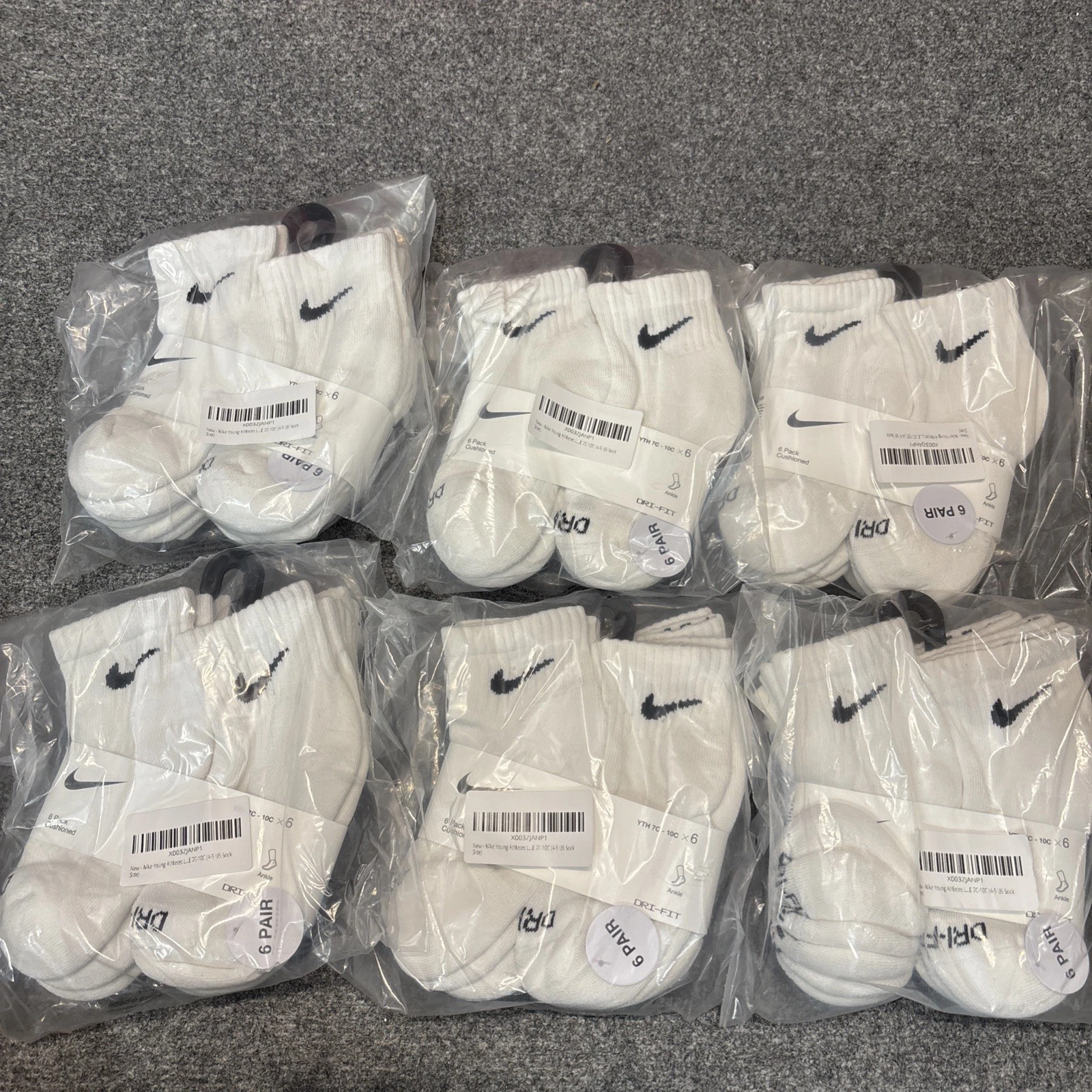 (6) Nike Dri-FIT Kids Cushioned Ankle Socks 6-Pack White XXS (7C-10C) Bulk 36