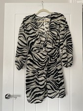Zara Black White Chiffon Zebra Animal Print Long Sleeve V Neck Wrap Dress (XS)