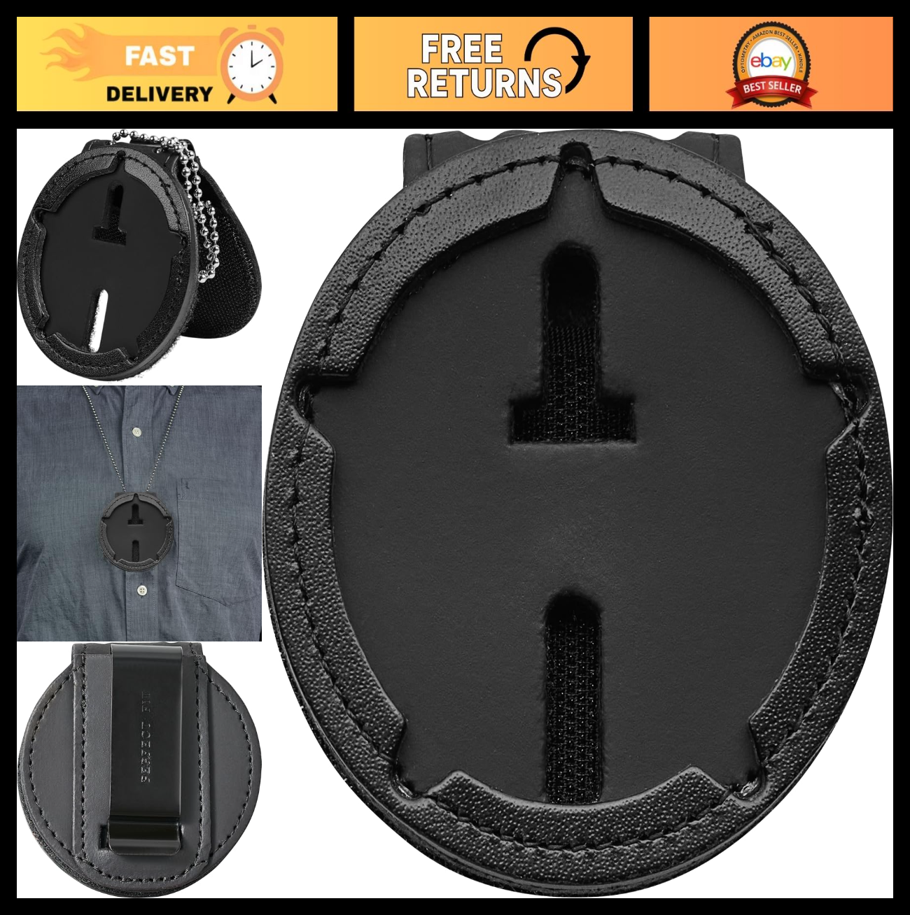 Police Badge Holder with Neck Chain & Belt Clip - Black Leather, Perfect Fit Des