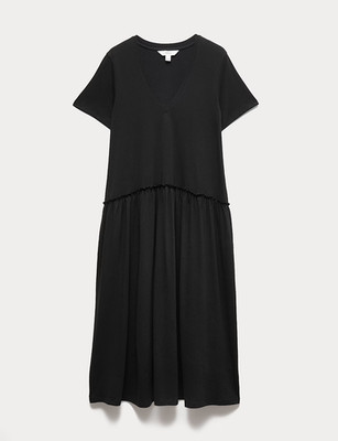M&S Midi-Kleid aus Jersey, V-Ausschnitt und tiefsitzendem Bund, Gr. 50 (UK 22) 