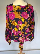 Mango Short Sleeved Top Blouse Size 10 Petite Floral Tie Front Pink Yellow