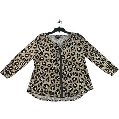 Liz Claiborne Blouse Womens Size Large Tan Black Cheetah 3/4 Sleeve Vneck
