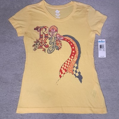 Y2k Roxy T-shirt Teen Girls Small Yellow Flower Spellout Logo