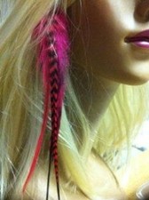 Clip On 4-7 inch Red and Grizzly 100 Real Hair 5 Feathers Extension bonded at