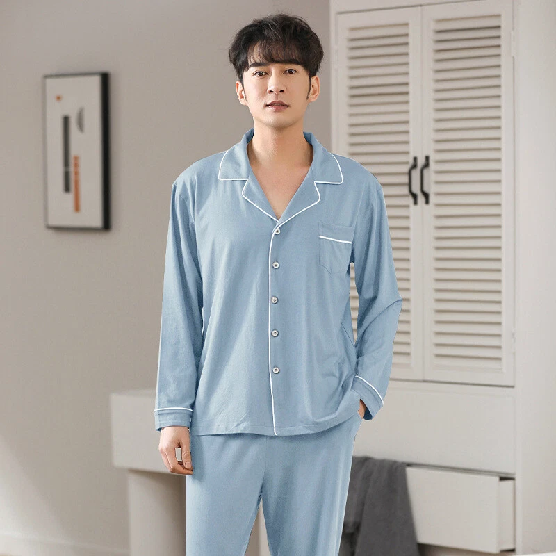 Mens Lapel Button-Down Modal Pajamas Casual Breathable Long Sleeve  Loungewear