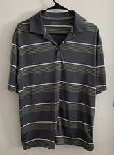 Nike Golf Polo Dri Fit Shirt Mens L Gray Striped Standard Fit Short Sleeve Logo