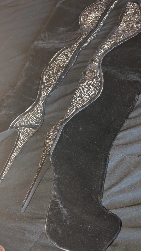 Botas de terciopelo negro sobre la rodilla hasta el muslo plataforma fiesta vacaciones estrás 8 Foto 2 de 4