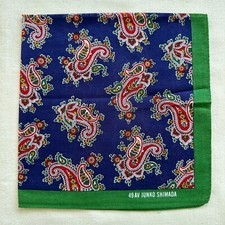 Vintage Japan Handkerchief Blue Cotton Red Paisley Floral Art Pocket Square 16"