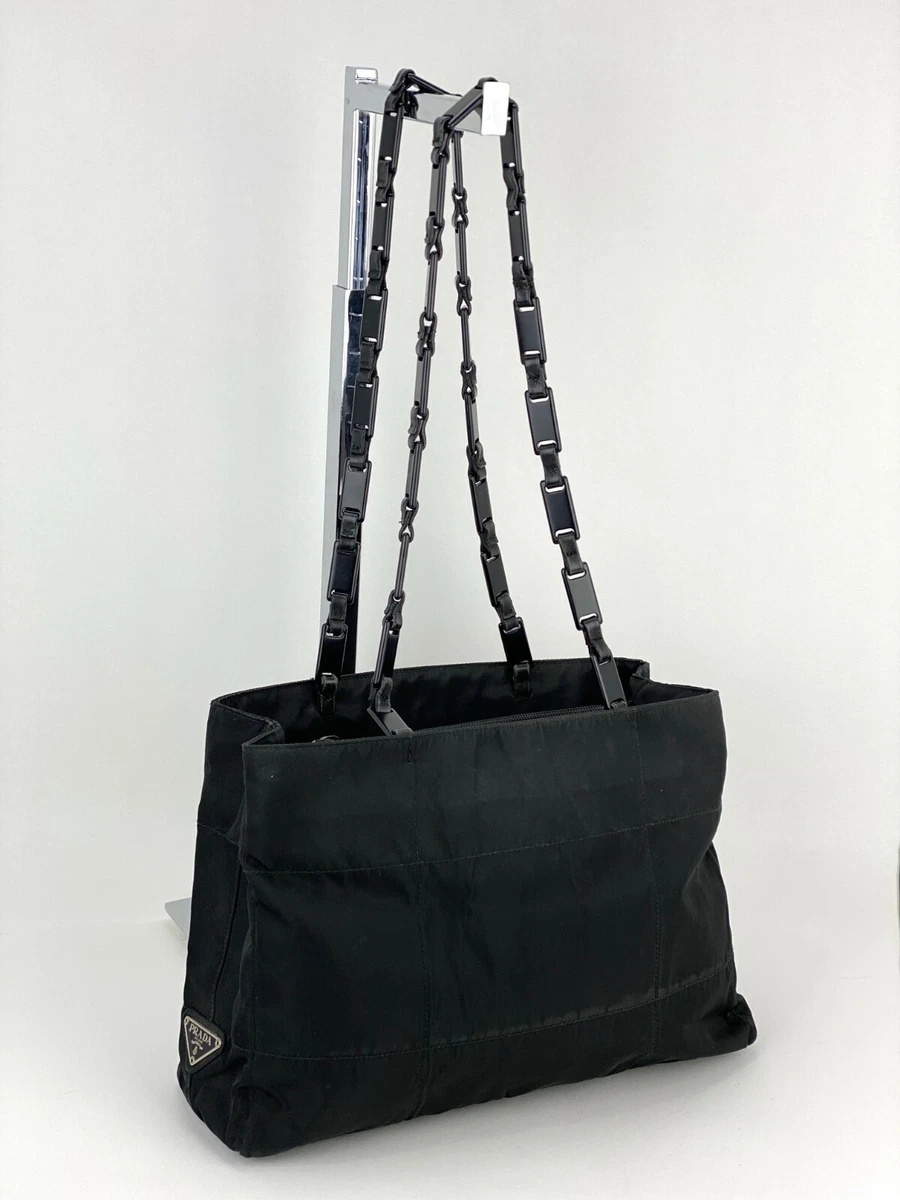 Prada Bag Nylon Tote with Link Handle Black Authentic Pre owned