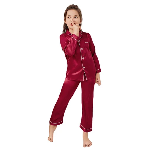 New Kids Boys Girls Silk Pajamas Long Sleeve Satin PJs Sets Nightwear Sleepwear - Picture 74 of 83