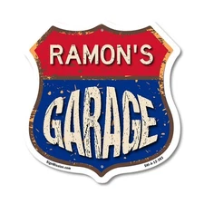 Ramon's Garage Shield Shaped Sign Weather Resistant Crafted in the USA