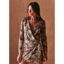 Sezane Noemia Country Flower Navy Floral Print Long Sleeve Wrap Mini Dress Small