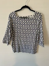 Chicos Blouse Knit 3/4 Sleeves Cotton Navy/ White Print. (3) XLNWOT
