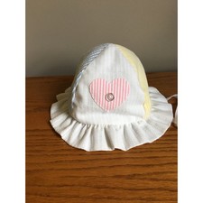 Vintage Seersucker Baby Sun Hat Heart Ruffle Bonnet Pastel White Pink Blue