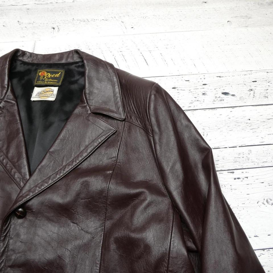 Reed Sportswear Leather Car Coat Mens 2XL Brown Lined 3 Button Patch Pockets - Image 3 of 4