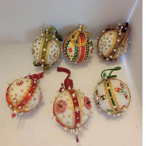 Vtg 90s Handmade Beaded Christmas Ornaments Victorian MCM Holiday Lot of 6