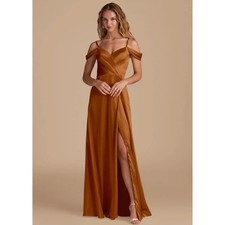 Azazie Ocean Copper Satin Off Shoulder Maxi Bridesmaid Dress A6 NEW