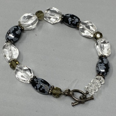 Stone Bead Bracelet Rock Quartz Obsidian Black Gray Toggle Chakra Energy 6.25''
