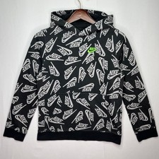 Nike Youth L Black All Over Logo Hoodie Pullover Streetwear Athletic